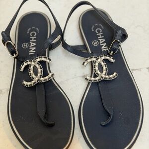CHANEL Navy and Silver Sandals